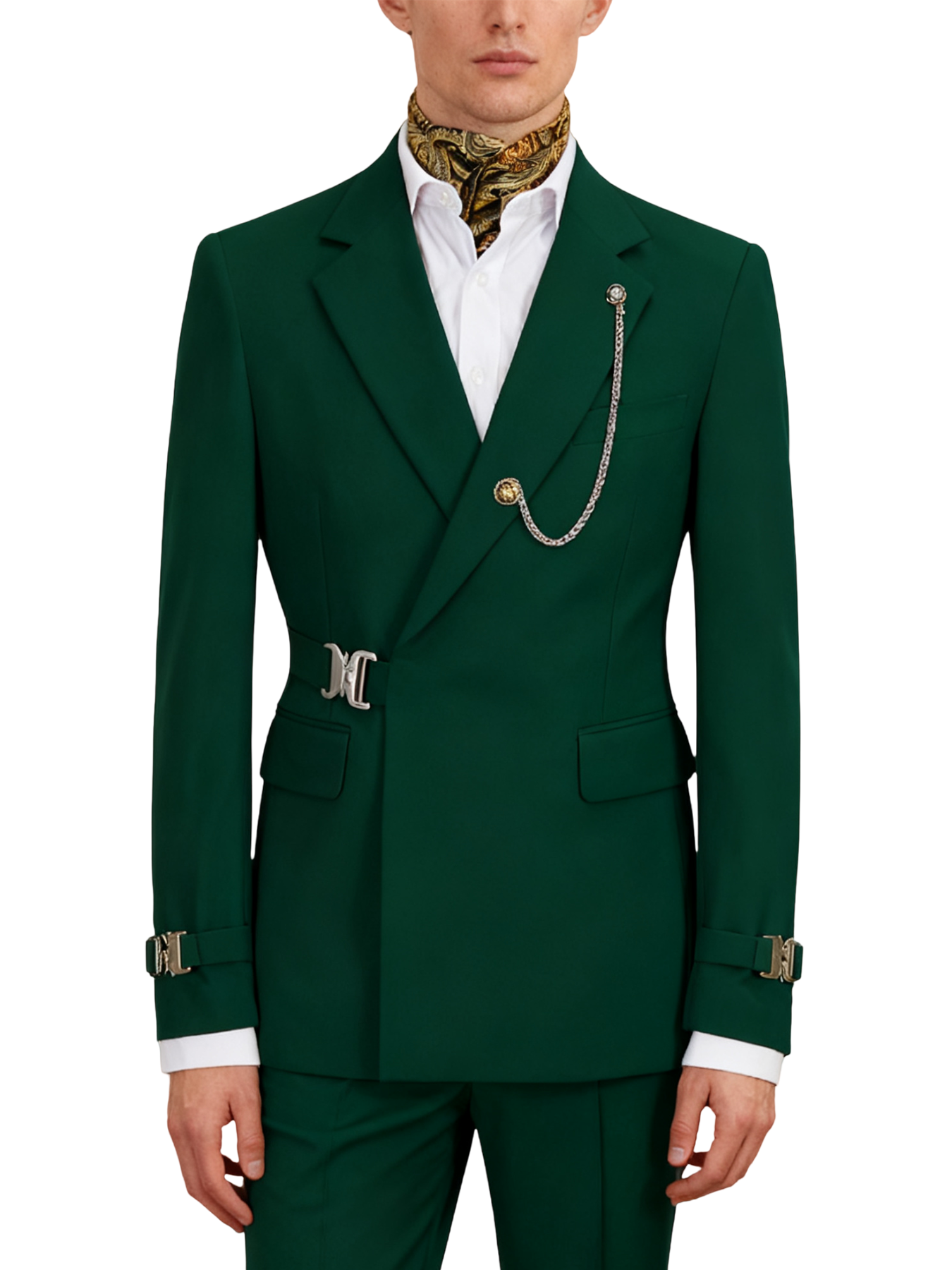 Hook-and-bar tuxedo set with elegant silk pocket square