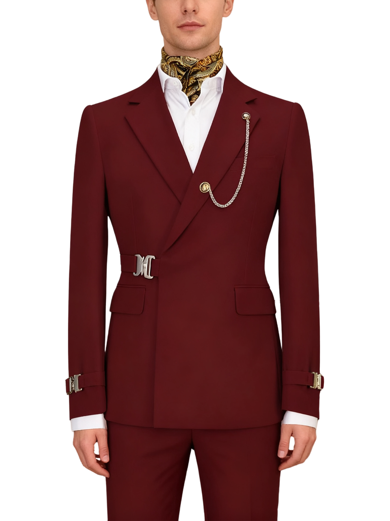 Hook-and-bar tuxedo set with elegant silk pocket square