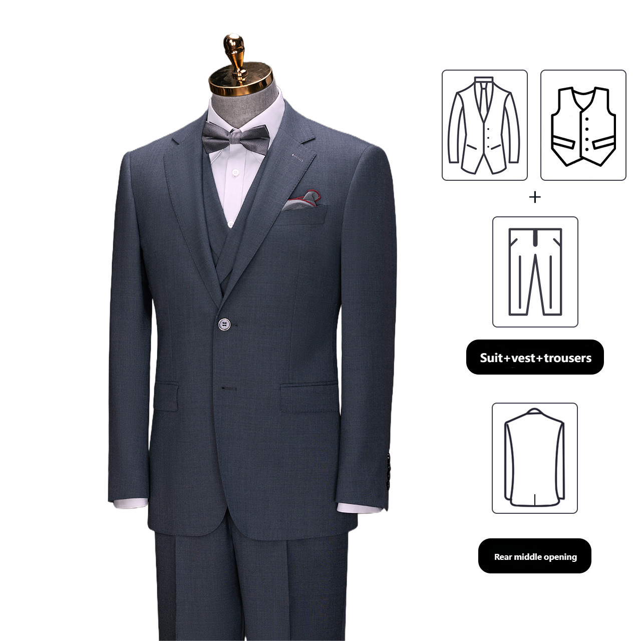 Effortless Elegance: Navy Wool Three-Piece Suit with Machine-Washable Finish
