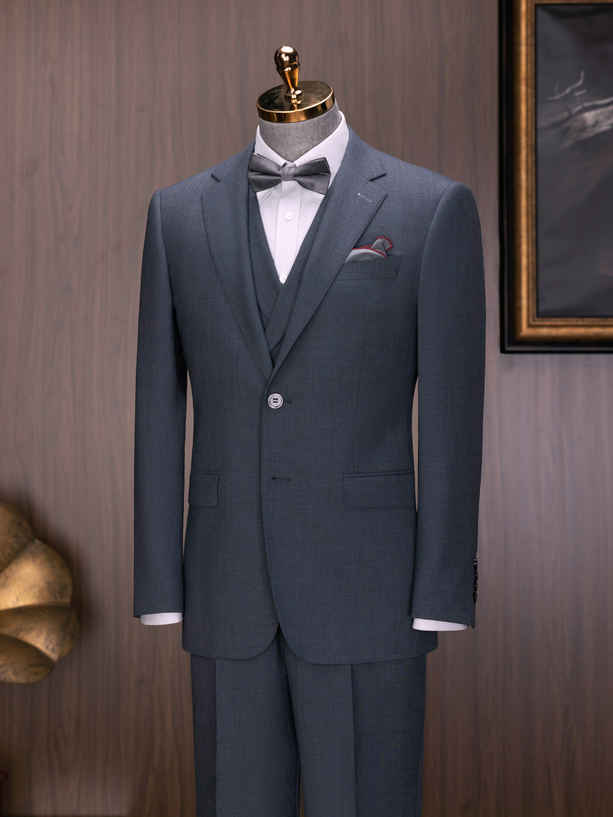 Effortless Elegance: Navy Wool Three-Piece Suit with Machine-Washable Finish