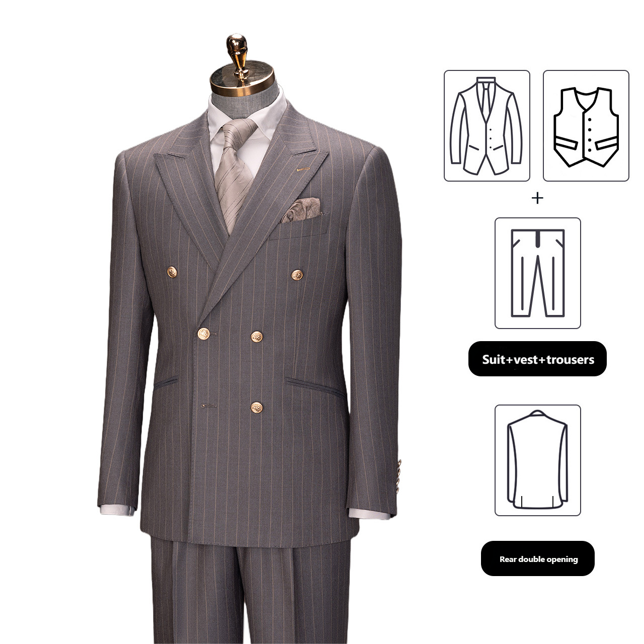 Wool Double-Breasted Three-Piece Suit