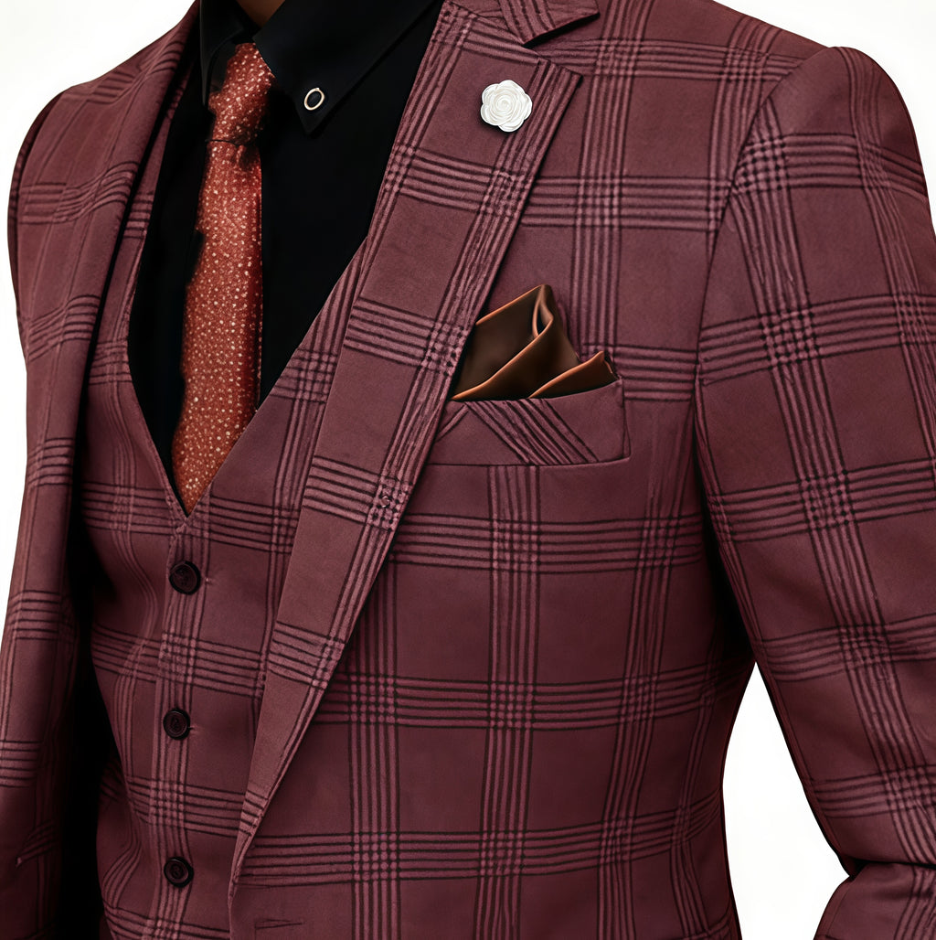 Prince of Wales Check Red Wool-Blend 3-Piece Suit
