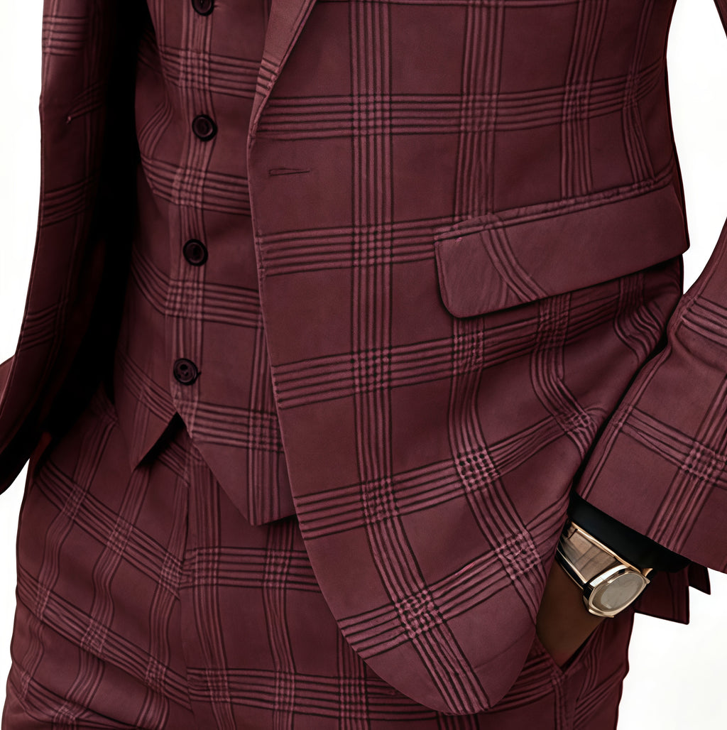 Prince of Wales Check Red Wool-Blend 3-Piece Suit