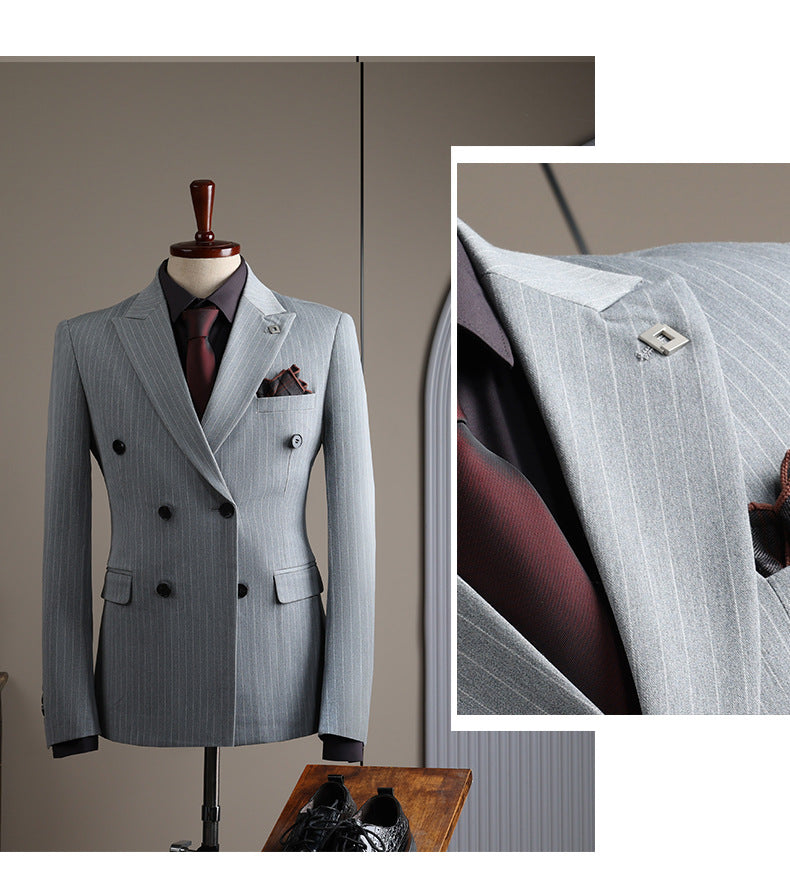Double-breasted striped suit set, including a brooch and a beautiful gift boxDouble-breasted striped suit set, including a brooch and a beautiful gift box