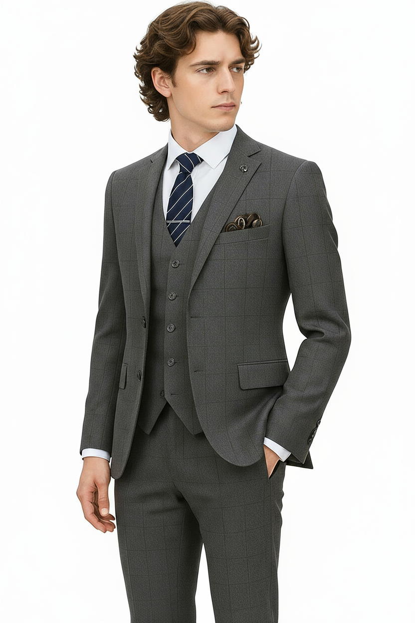 Two-Button Gray Plaid Three-Piece Suit – Perfect for Spring &amp; Fall