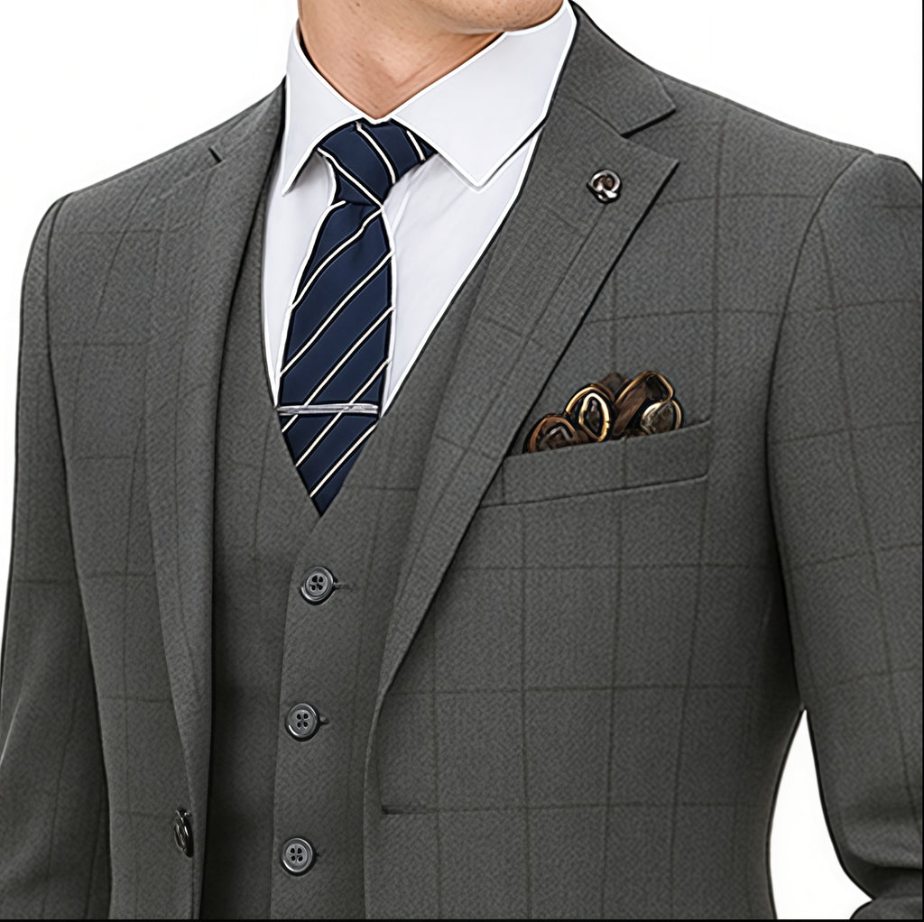 Two-Button Gray Plaid Three-Piece Suit – Perfect for Spring &amp; Fall