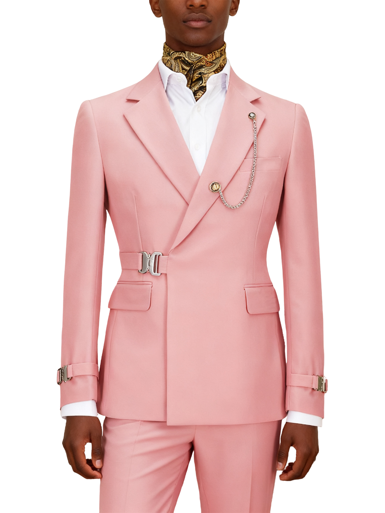Hook-and-bar tuxedo set with elegant silk pocket square