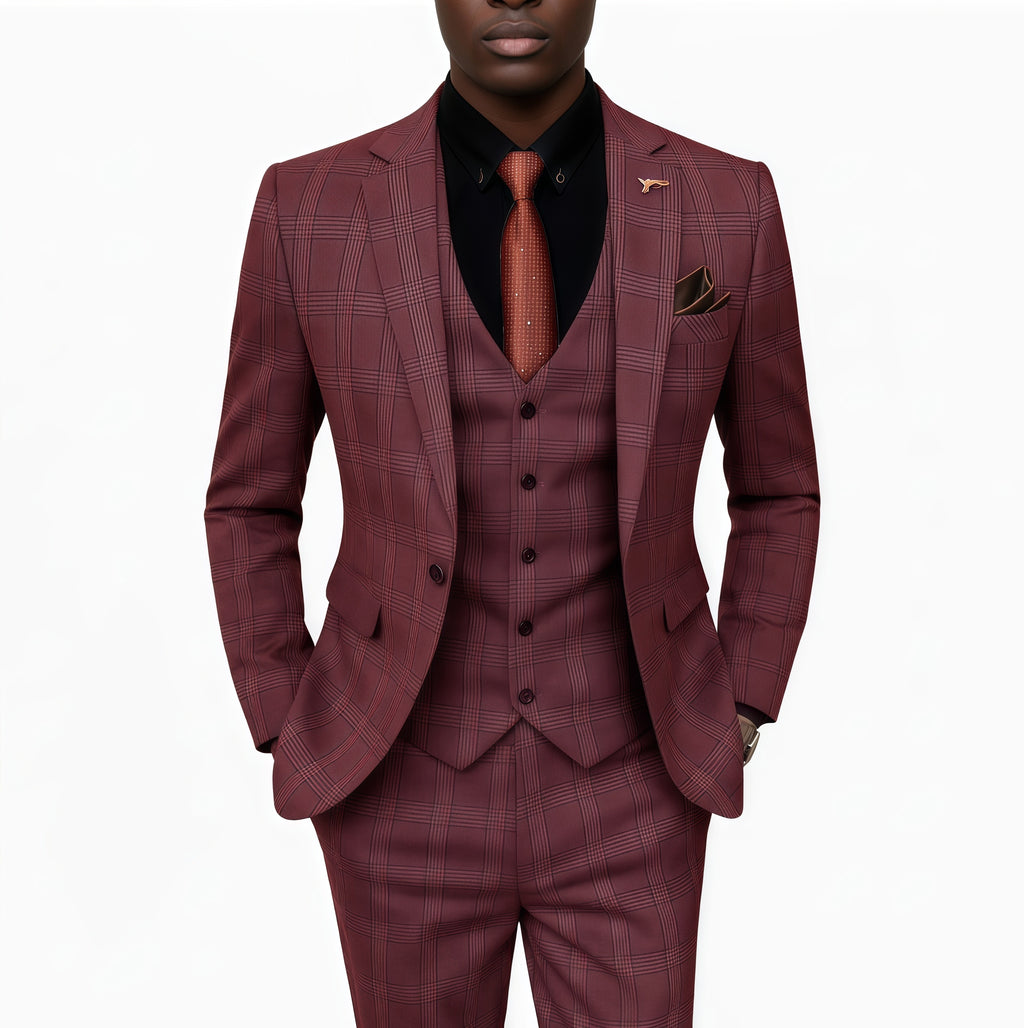 Prince of Wales Check Red Wool-Blend 3-Piece Suit