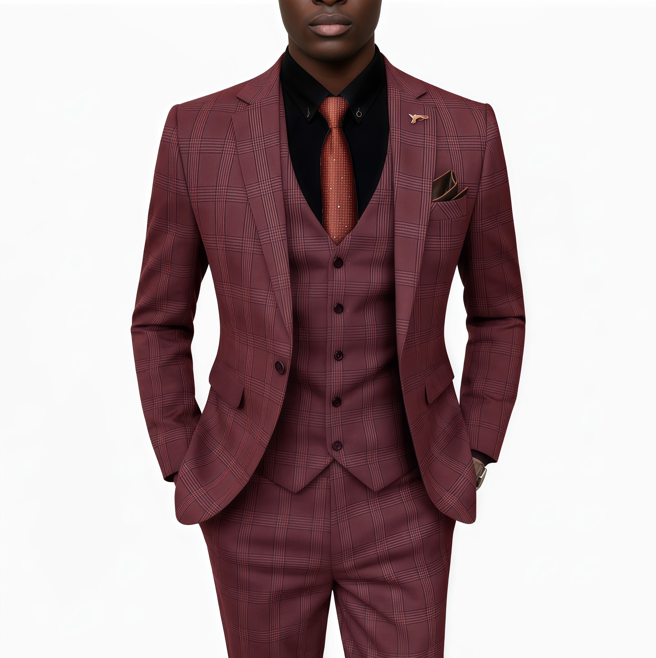 Prince of Wales Check Red Wool-Blend 3-Piece Suit