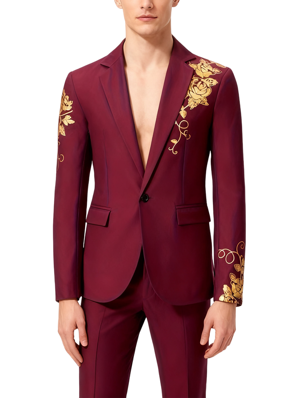 Slim-fit Suit Set with Gold-foil Leaf Pattern