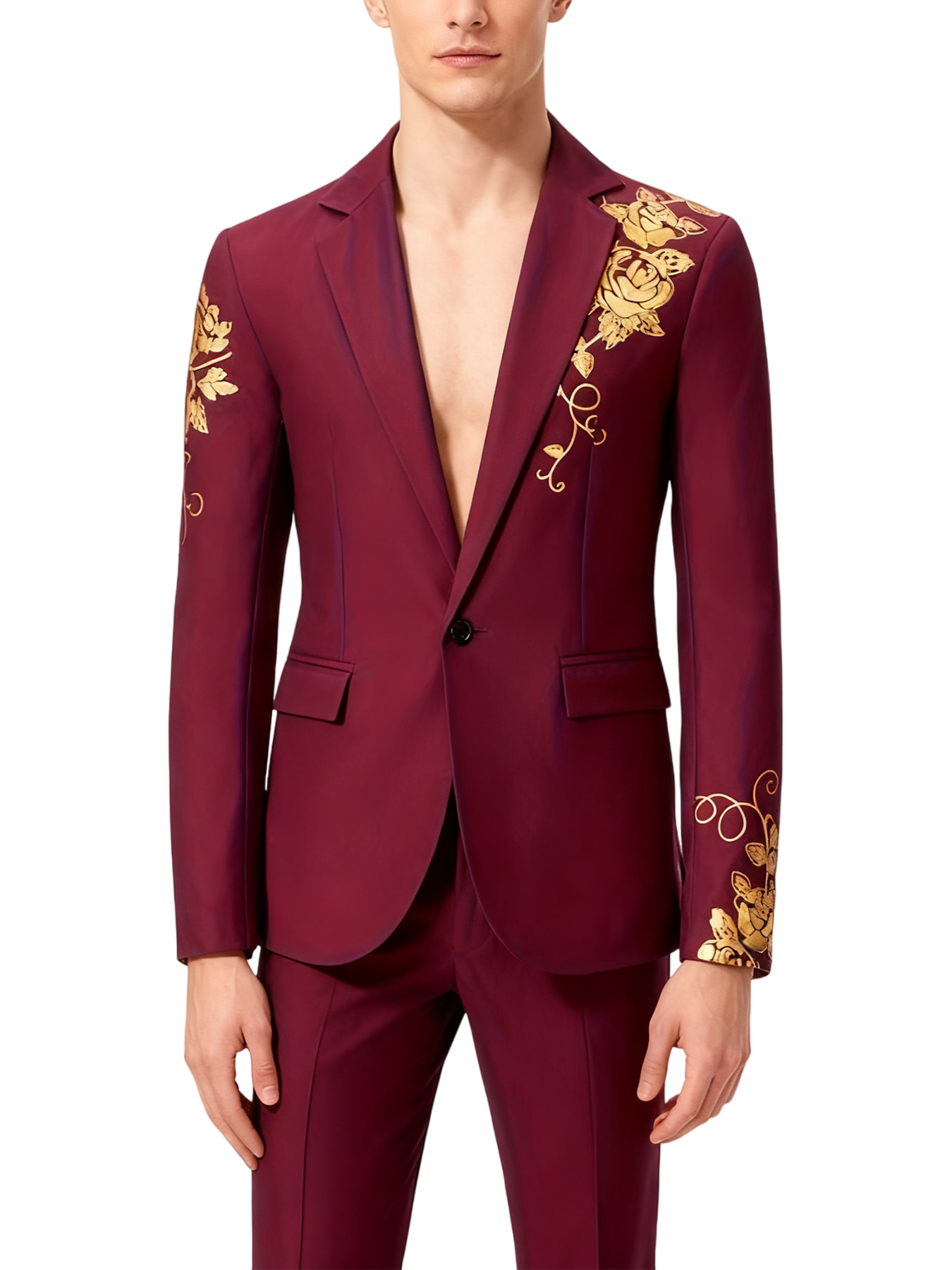 Slim-fit Suit Set with Gold-foil Leaf Pattern