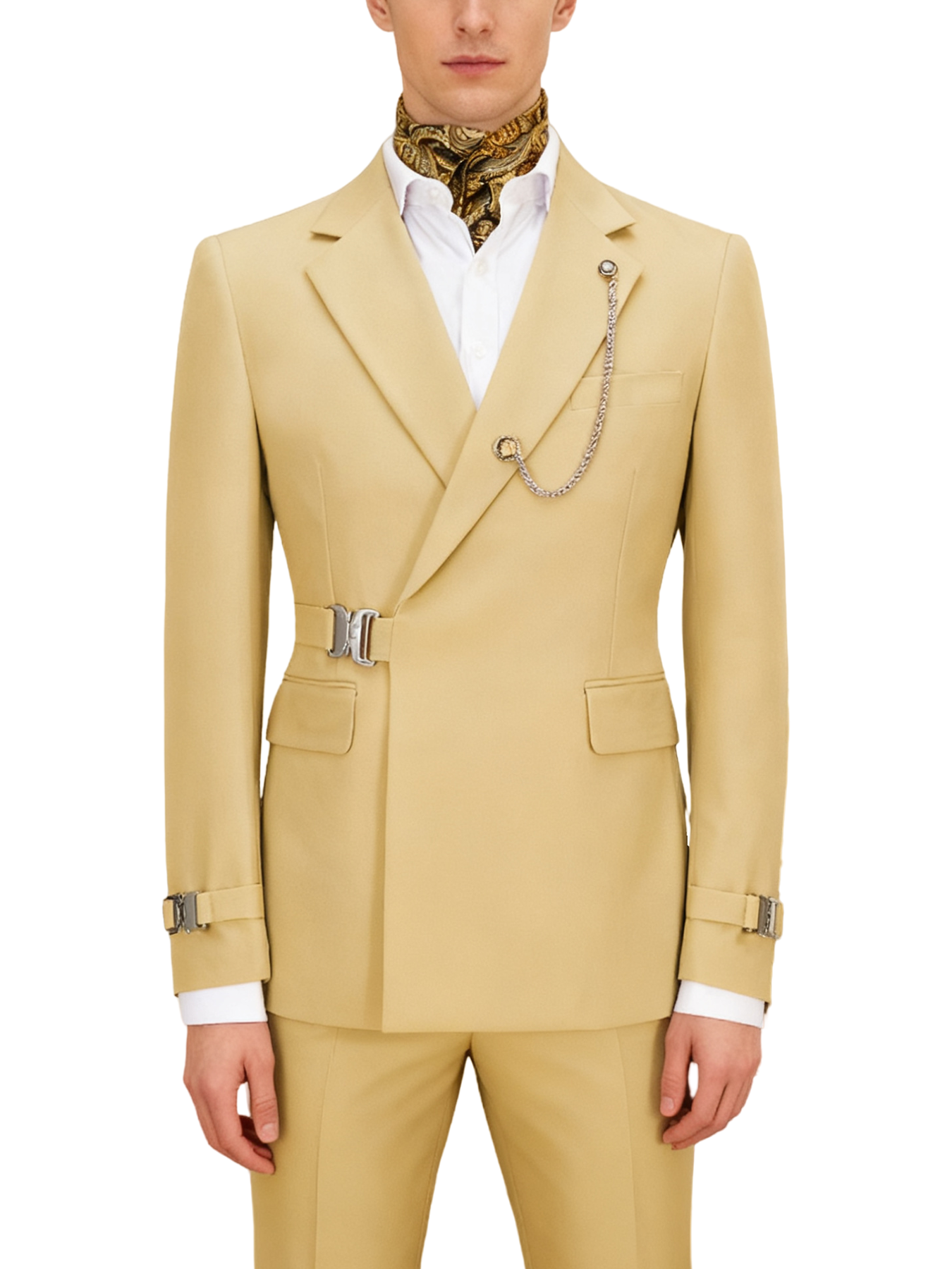 Hook-and-bar tuxedo set with elegant silk pocket square