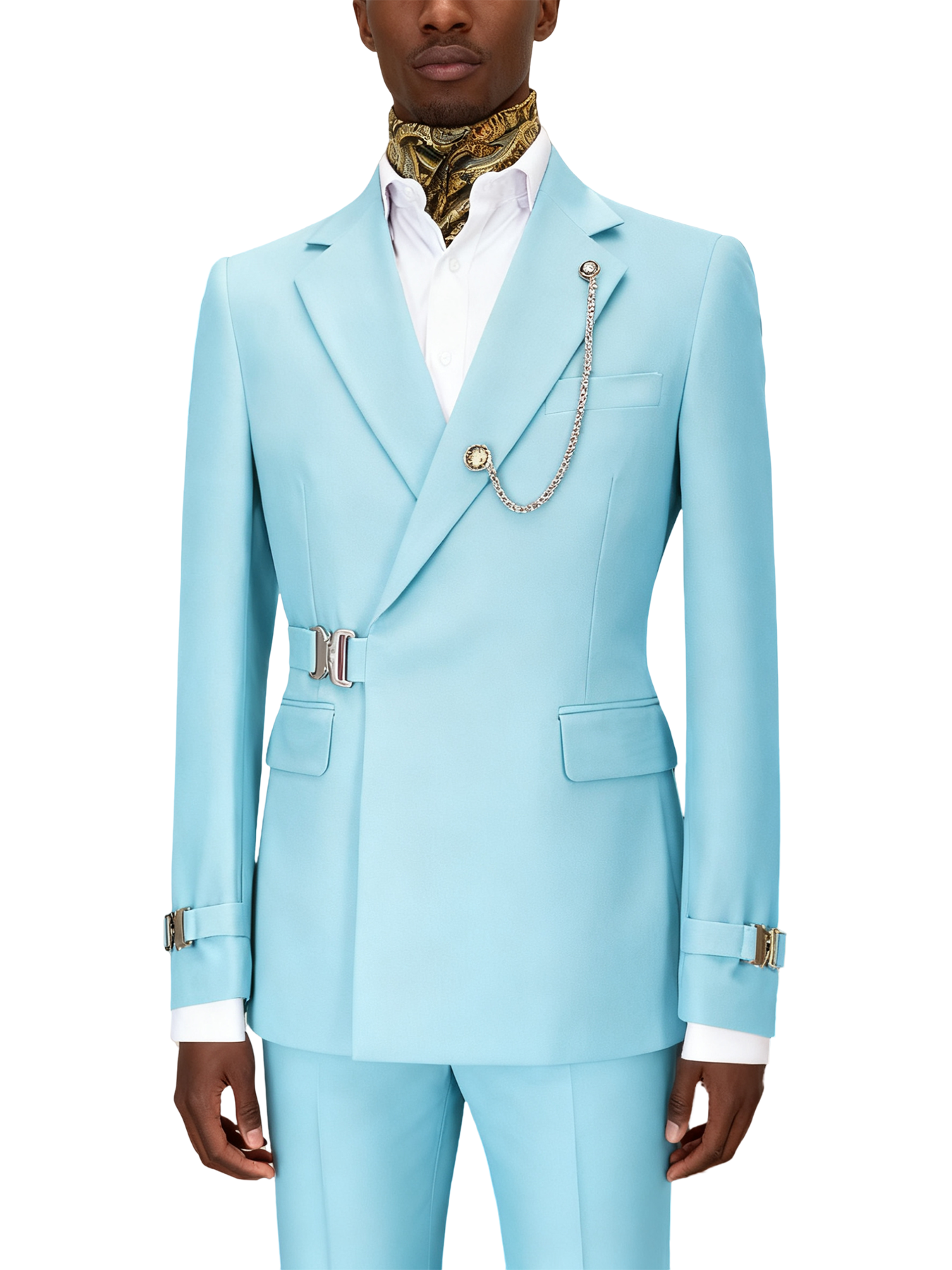 Hook-and-bar tuxedo set with elegant silk pocket square