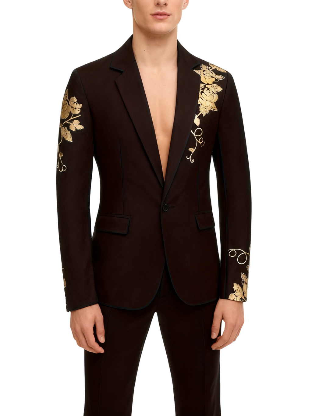 Slim-fit Suit Set with Gold-foil Leaf Pattern