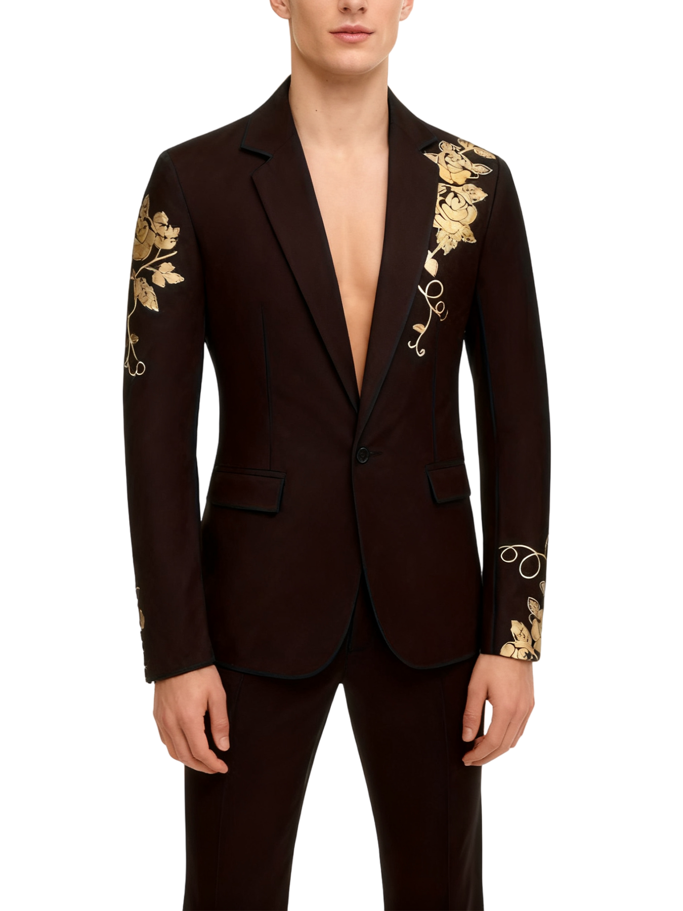 Slim-fit Suit Set with Gold-foil Leaf Pattern