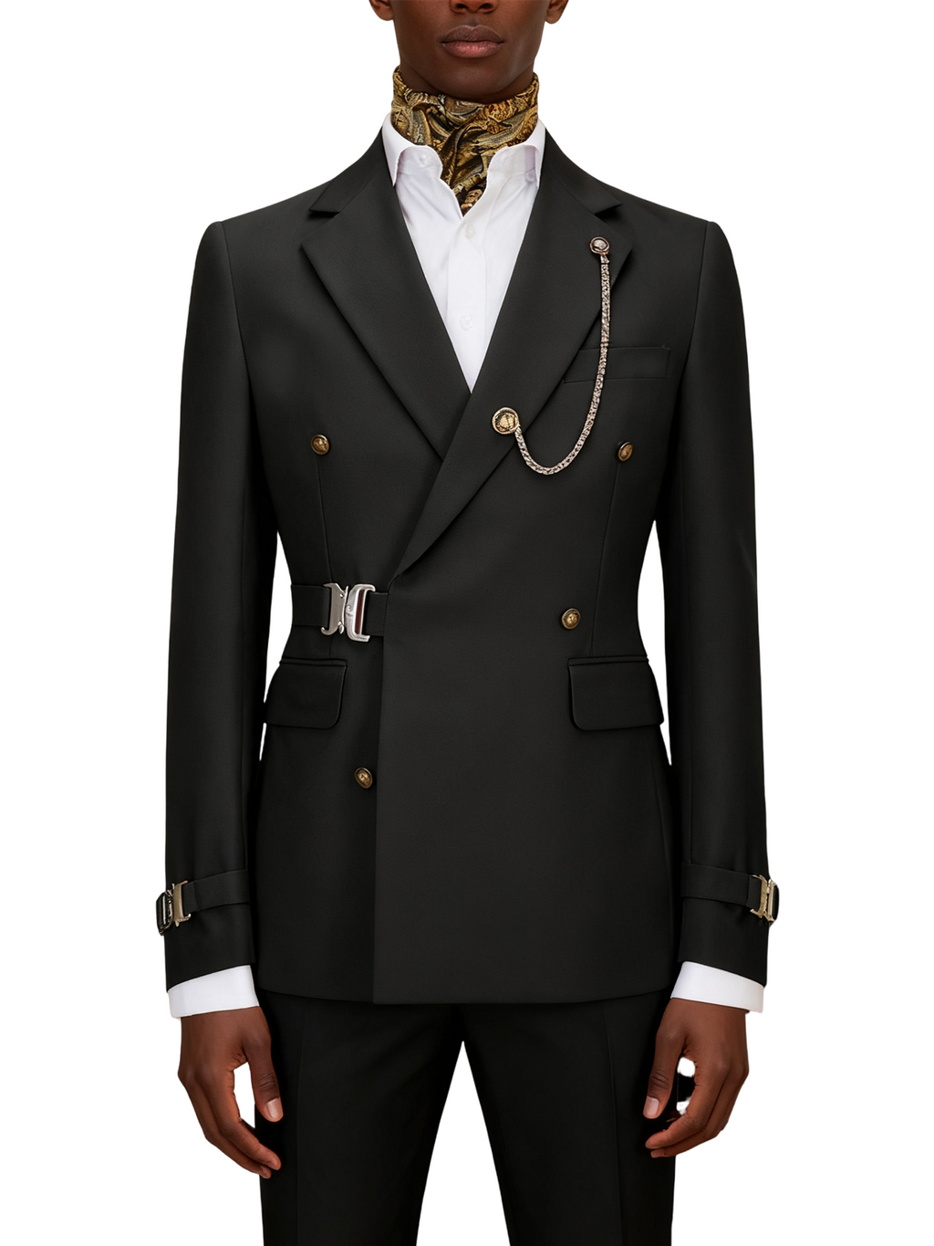 Hook-and-bar tuxedo set with elegant silk pocket square