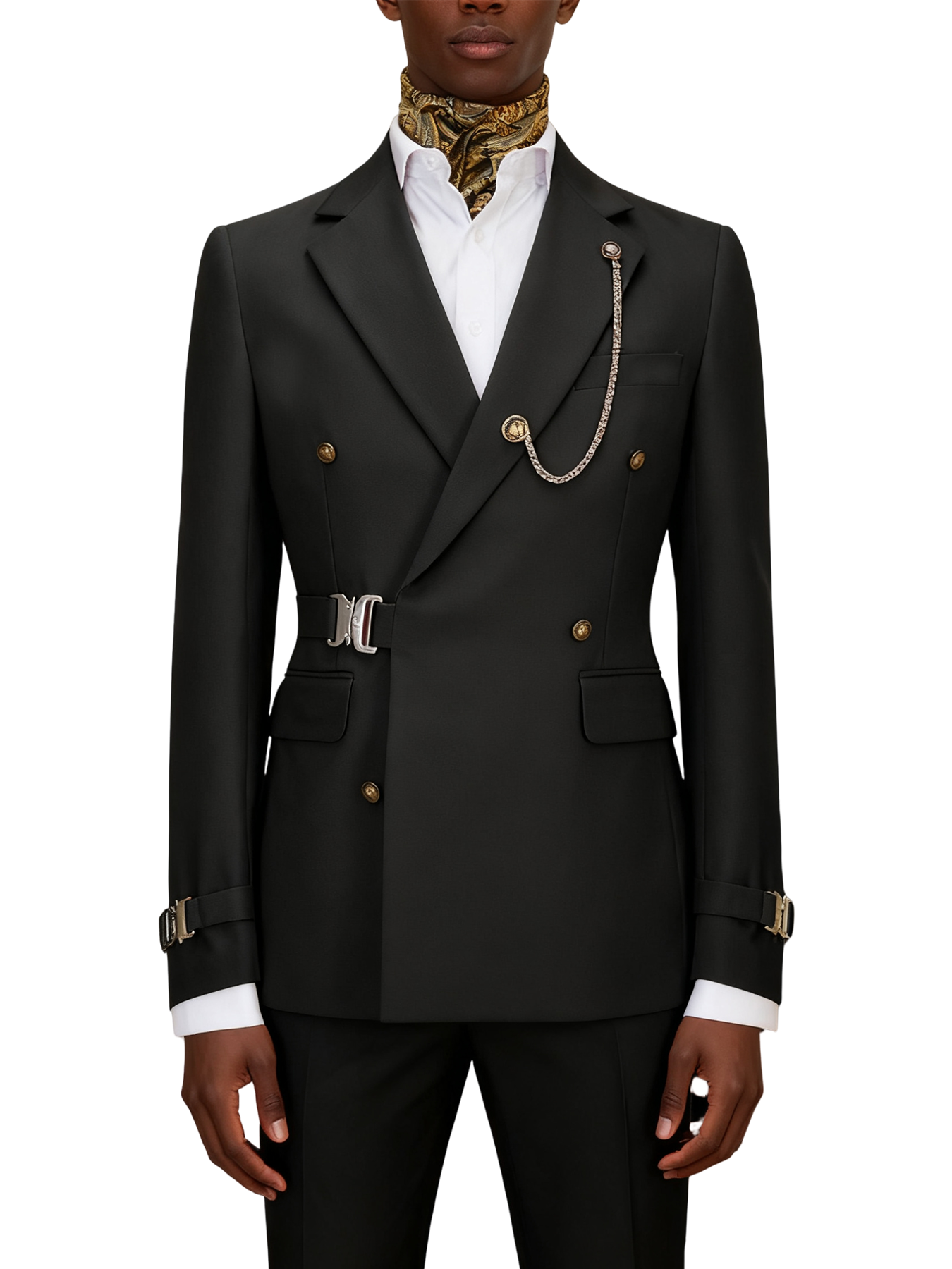 Hook-and-bar tuxedo set with elegant silk pocket square
