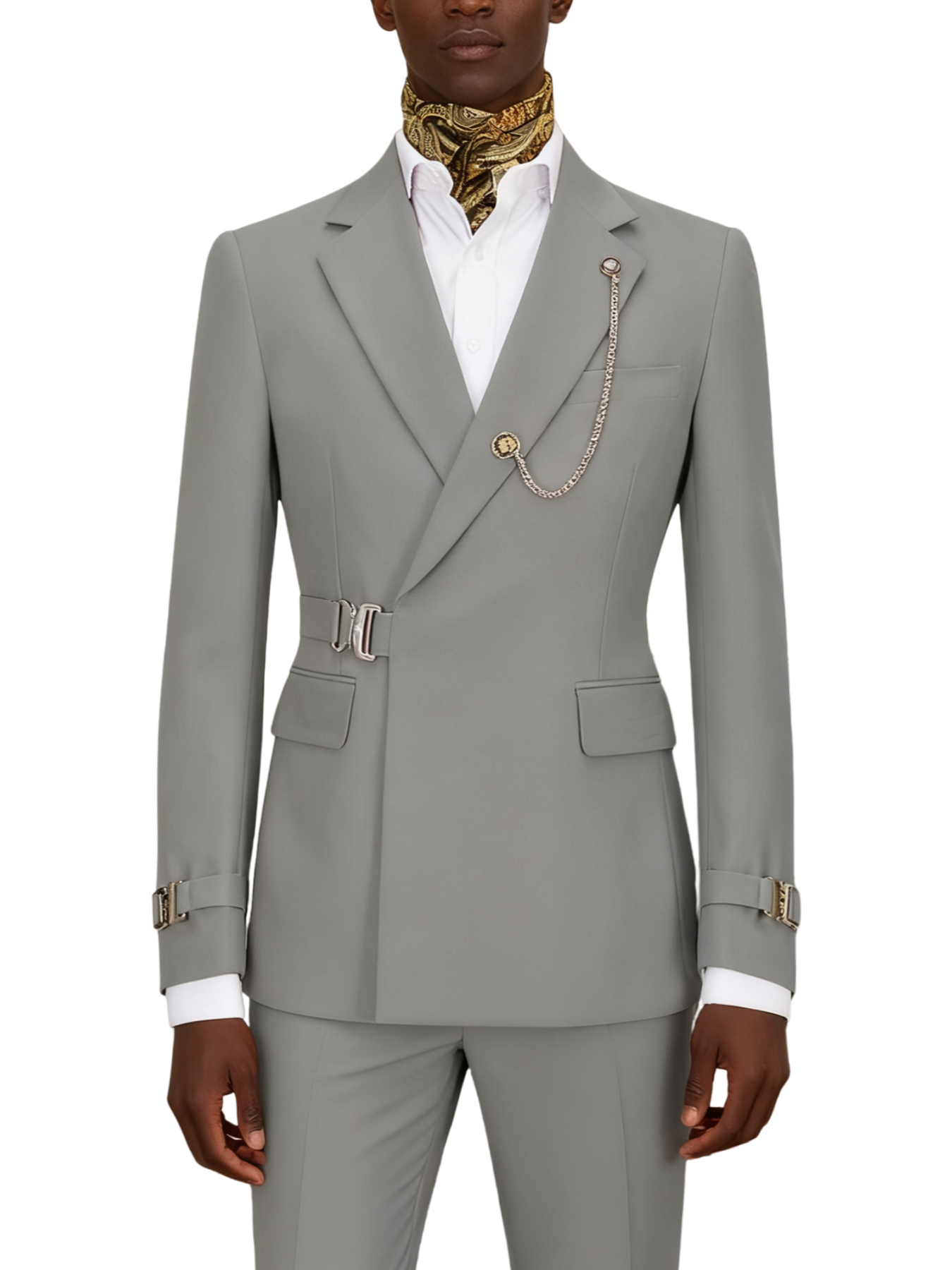 Hook-and-bar tuxedo set with elegant silk pocket square