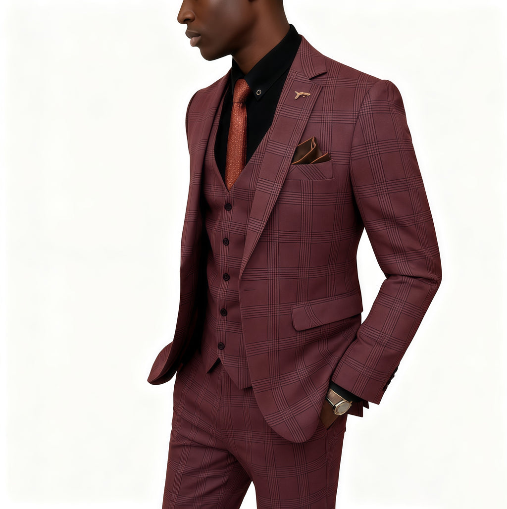 Prince of Wales Check Red Wool-Blend 3-Piece Suit