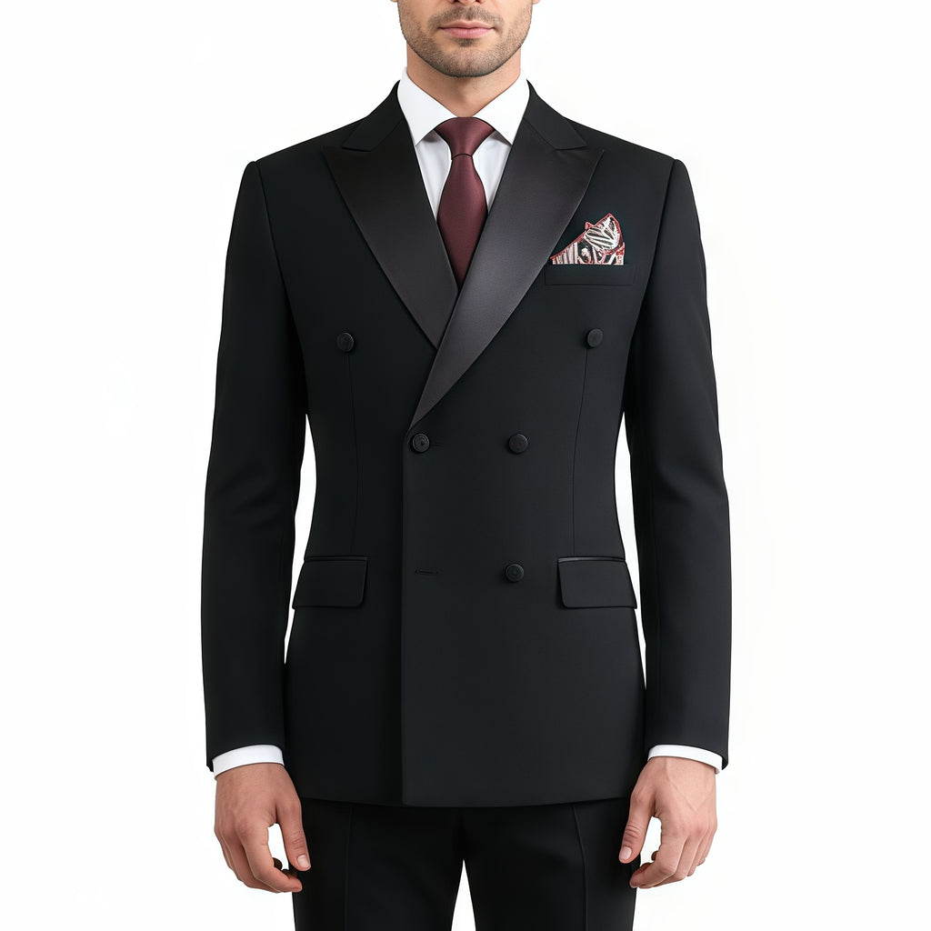 Classic double-breasted suit with notched collar.