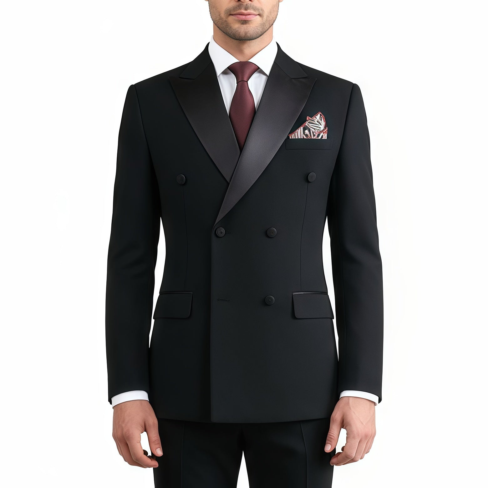 Classic double-breasted suit with notched collar.