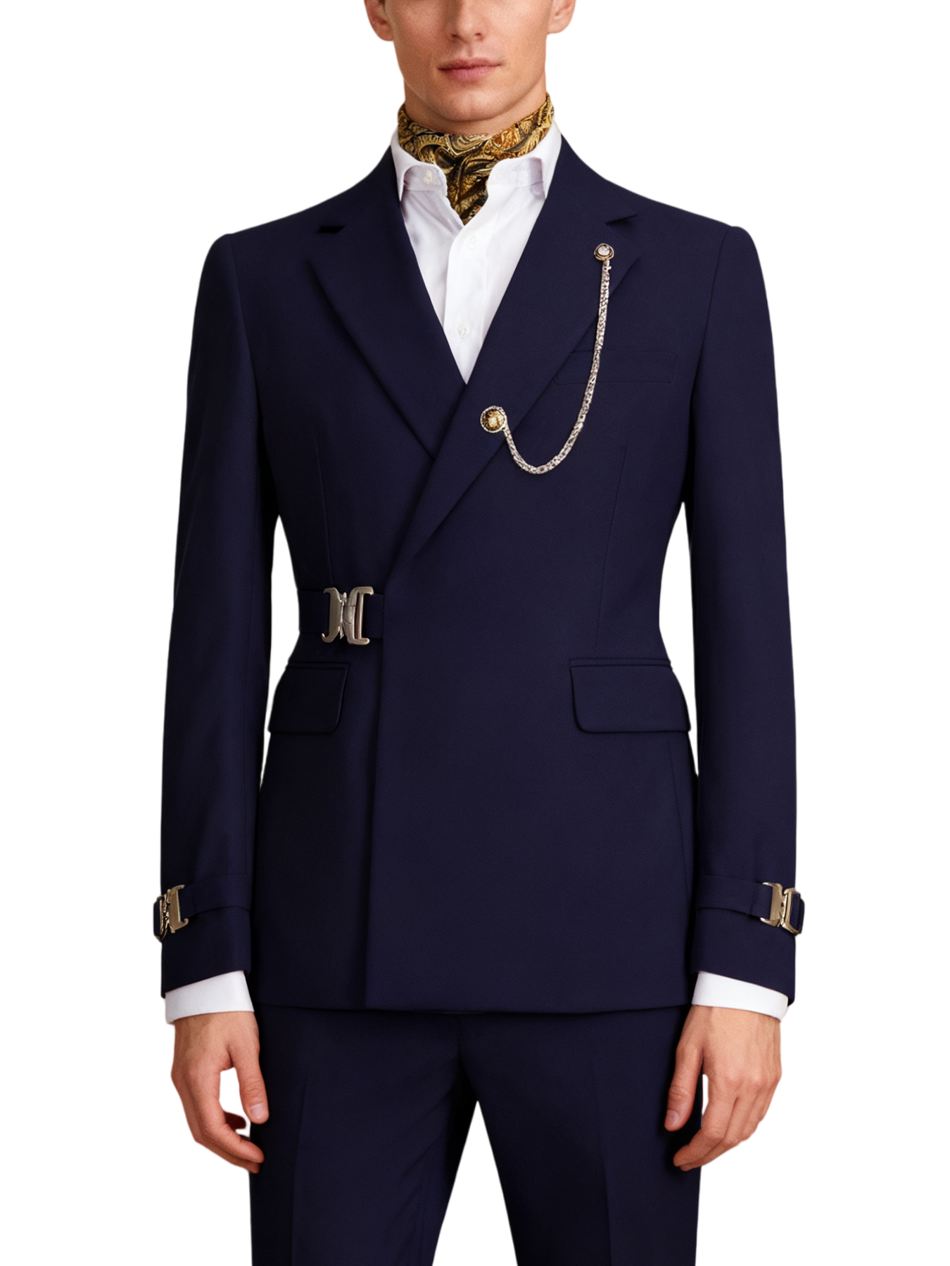 Hook-and-bar tuxedo set with elegant silk pocket square