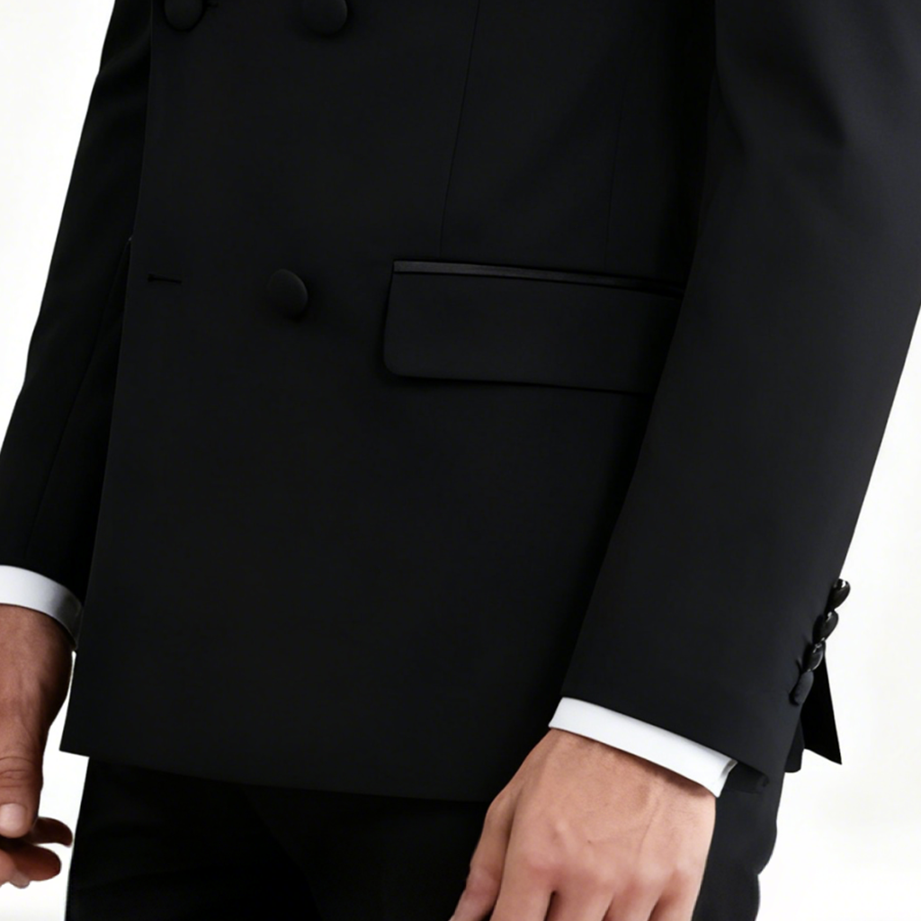 Classic double-breasted suit with notched collar.