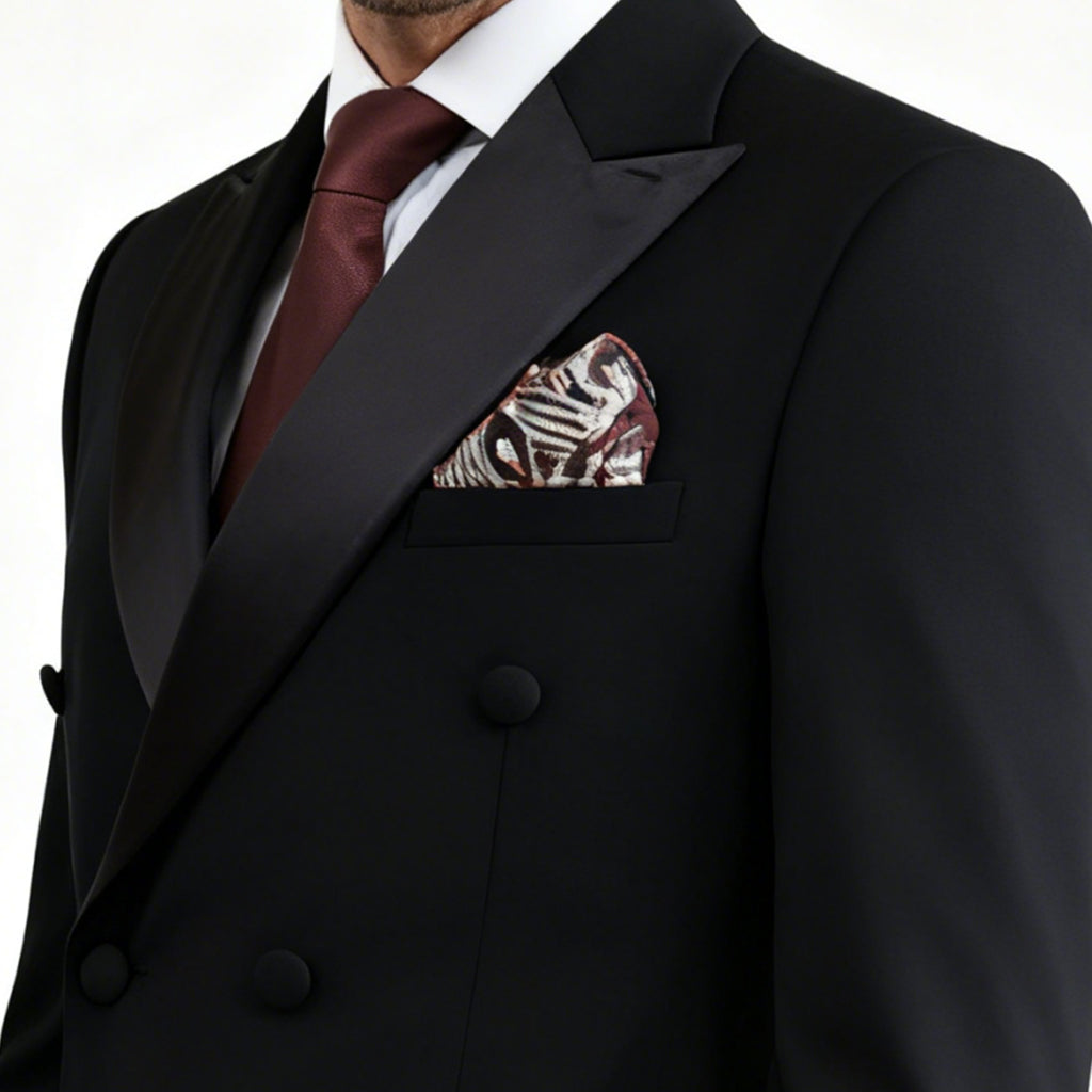 Classic double-breasted suit with notched collar.