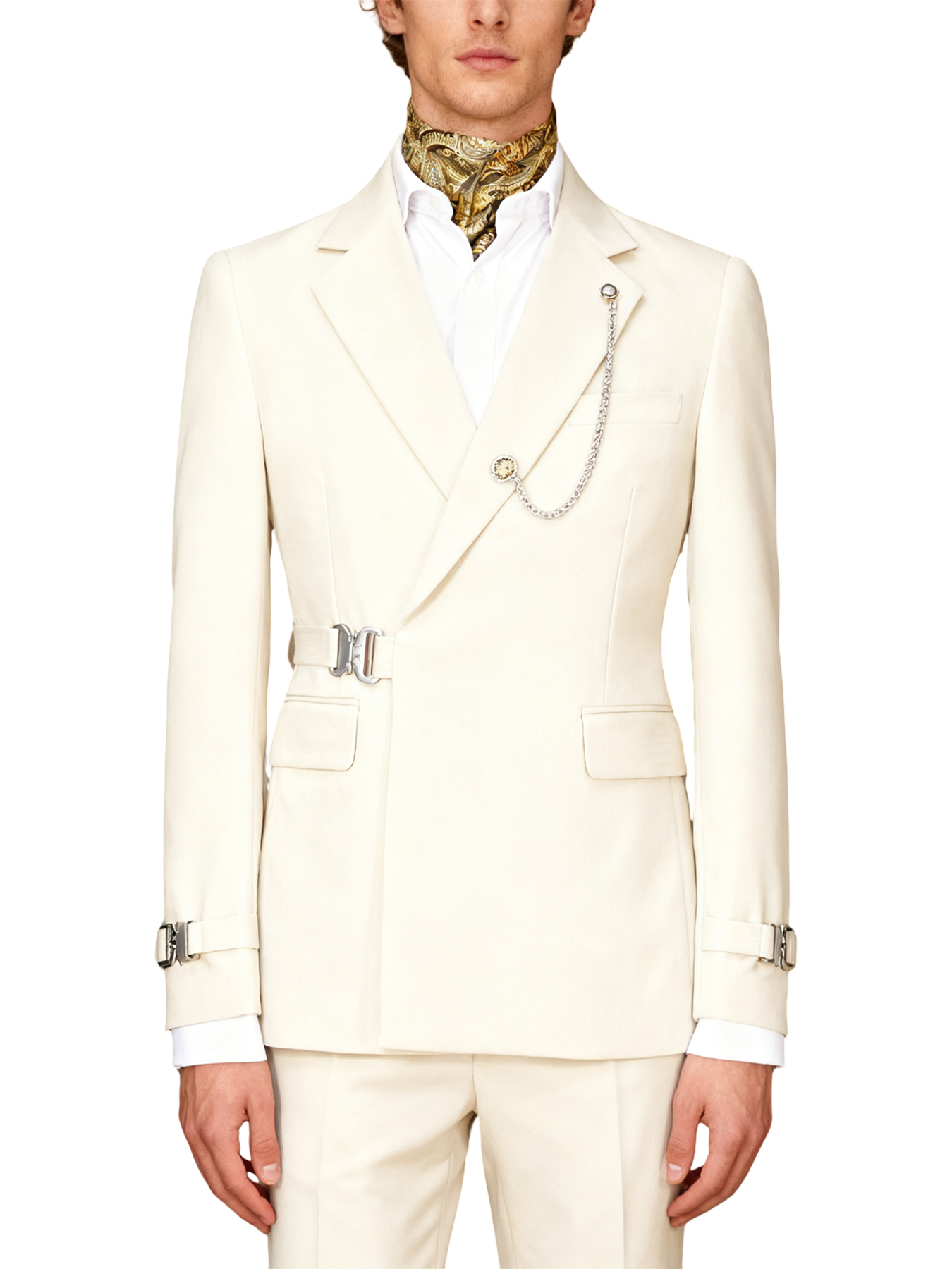 Hook-and-bar tuxedo set with elegant silk pocket square