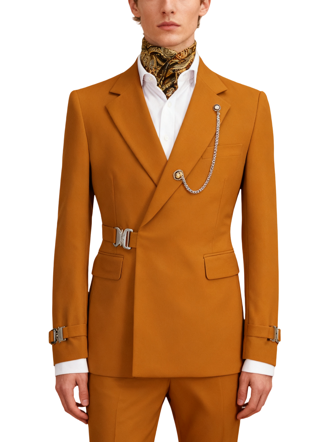 Hook-and-bar tuxedo set with elegant silk pocket square