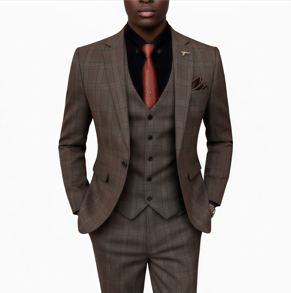 Prince of Wales Check Brown Wool-Blend 3-Piece Suit