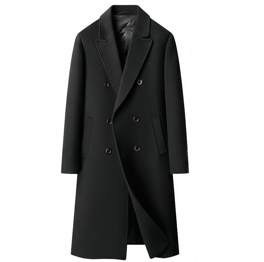 Black Double-Beasted Pure Wool Overcoat