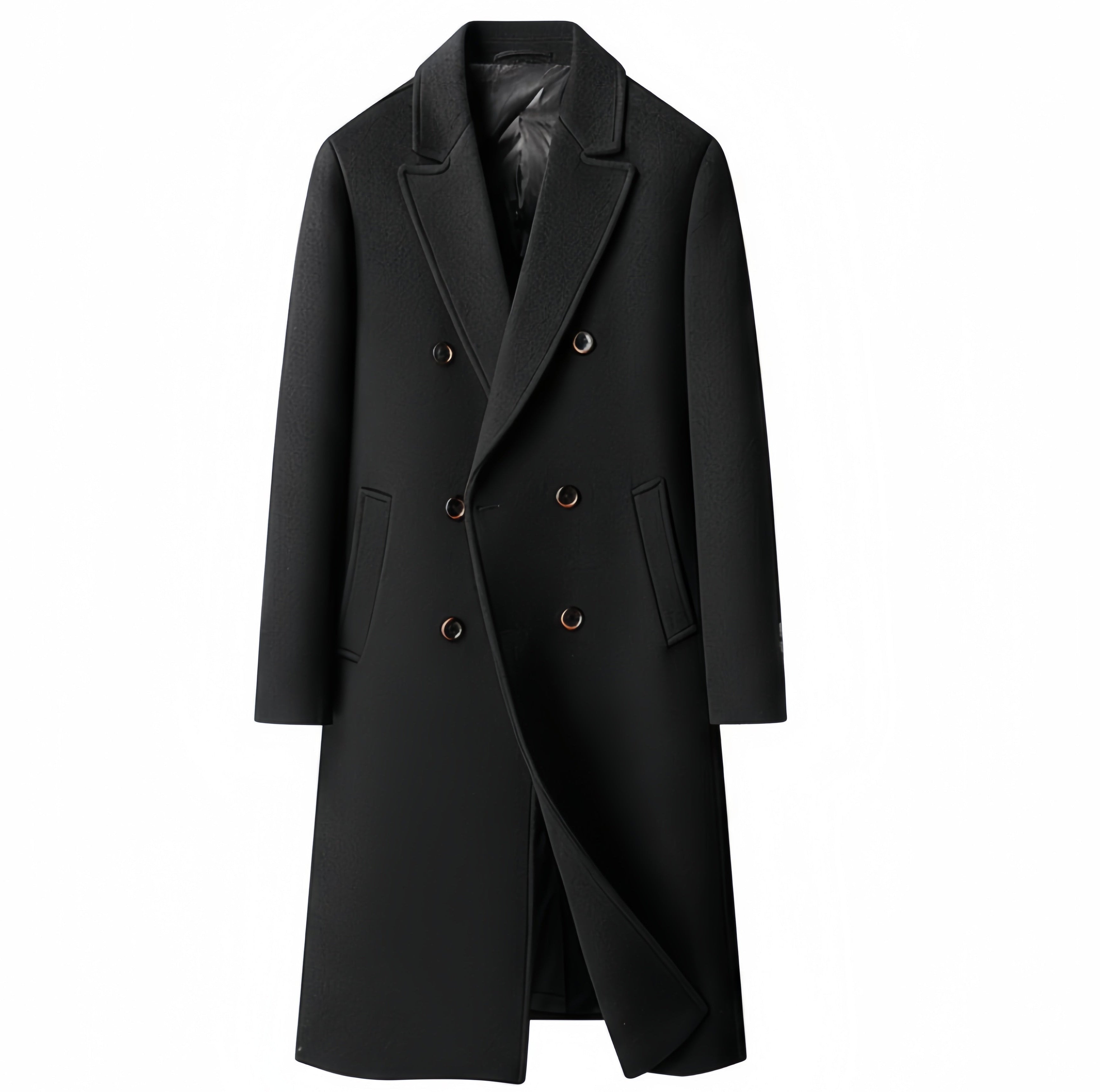 Black Double-Beasted Pure Wool Overcoat
