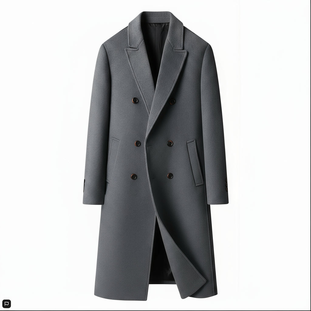 Light Gray Double-Beasted Pure Wool Overcoat