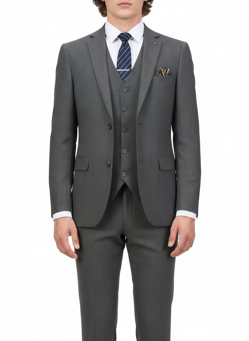 Two-Button Gray Plaid Three-Piece Suit – Perfect for Spring &amp; Fall