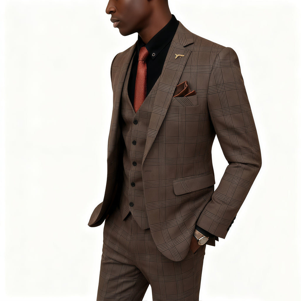 Prince of Wales Check Brown Wool-Blend 3-Piece Suit